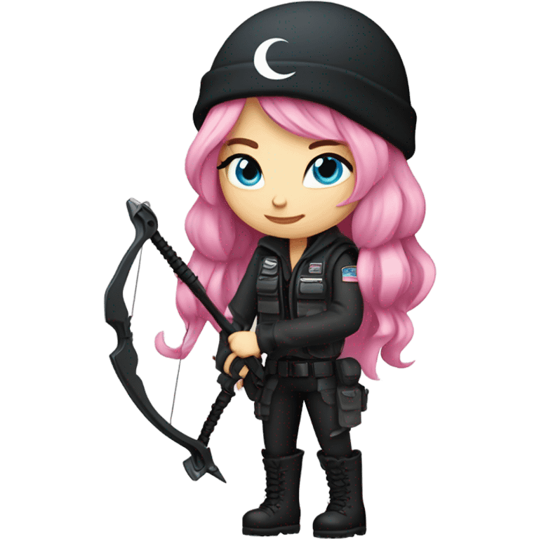 white girl, tactical vest, dark pants, pink hair, blue eyes, black beanie hat with crescent moon and stars on front, bow and arrow, black combat boots emoji