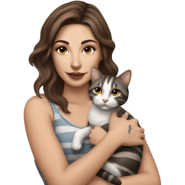 Beautiful brown haired tattooed woman holding gray and white striped cat emoji