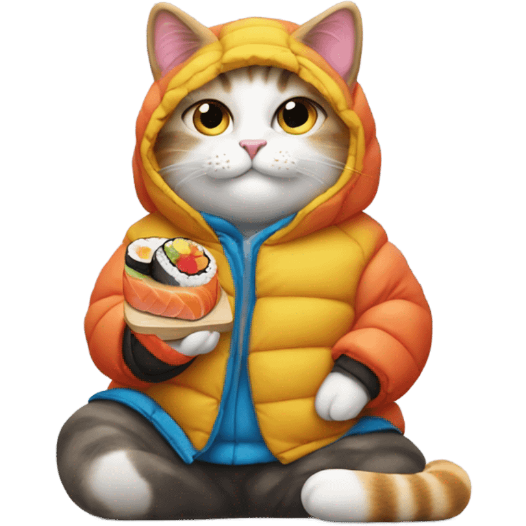 cat wearing a puffy jacket eating sushi emoji