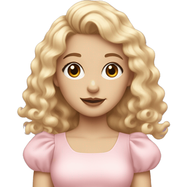 pale girl with bangs and long blonde curly hair and a pastel pink puff sleeve dress emoji