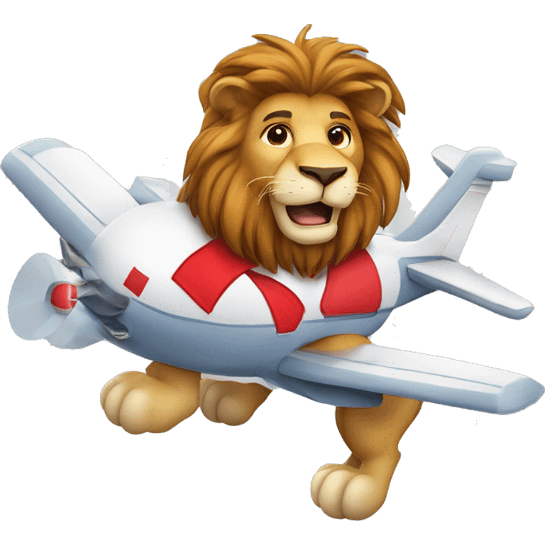 A Lion cartoon character with a big heart on his uniform flying an aircraft emoji