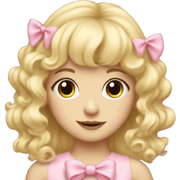 Blonde pale girl with bangs and pink bows in her curly, long hair  emoji