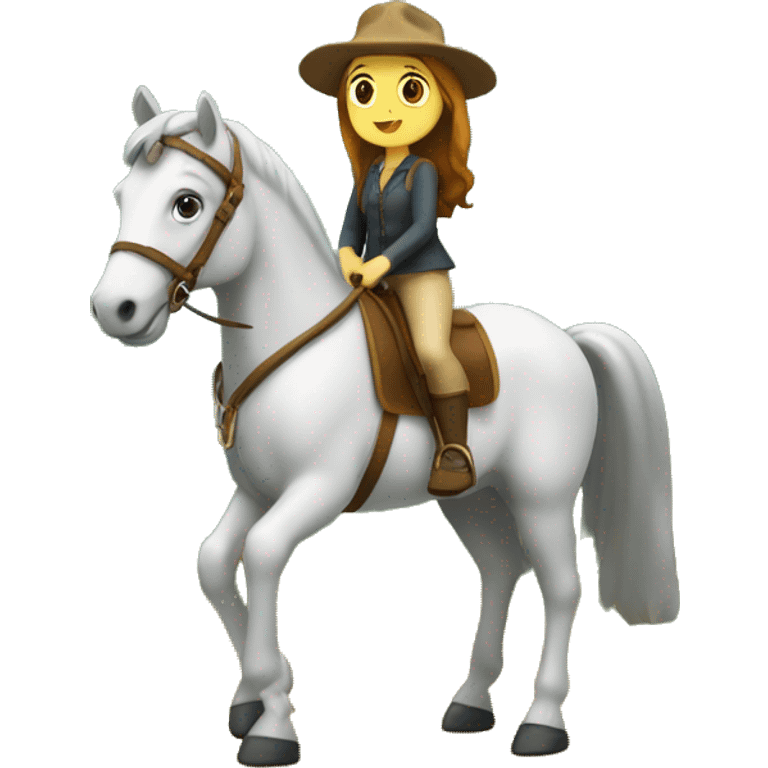 Uma rapariga loira a saltar com um cavalo na floresta  emoji