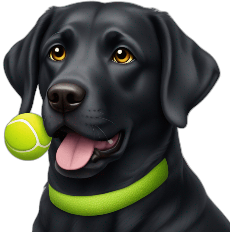 Black Labrador retriever holding tennis ball in mouth small eyes gray hair on chin emoji