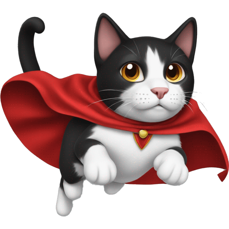 Black and white cat flying with red cape emoji