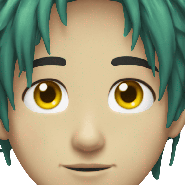 boy with medium lenth anime styled messy dark green hair, light skin, heterochromia, one yellow eye one blue eye emoji