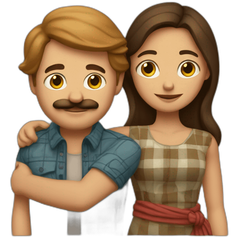 Tall white man with brown hair and a mustache wearing plaid hugging small Indian woman emoji