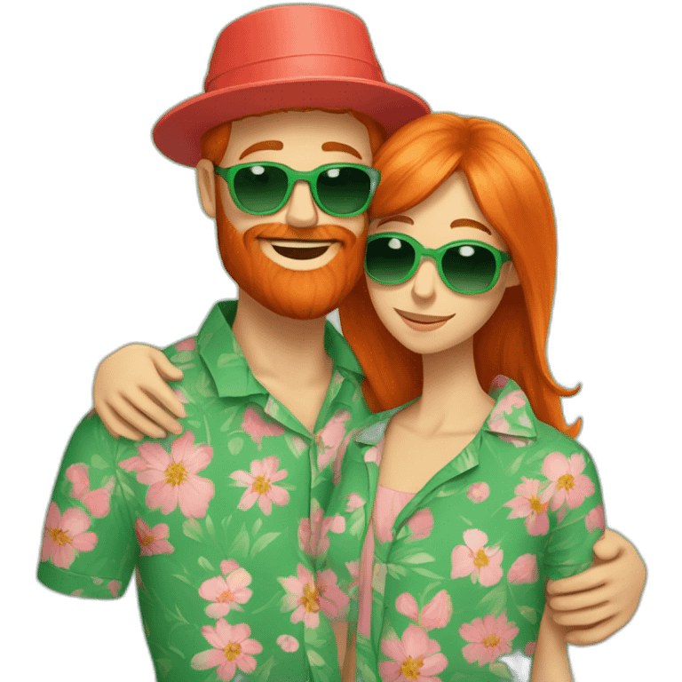 bright red beard wearing a floral shirt and wearing green sunglasses and a bucket hat hugging another person emoji