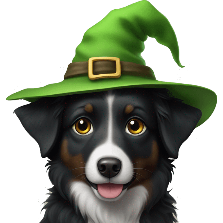 Small black australian shepherd dog green witch hat emoji