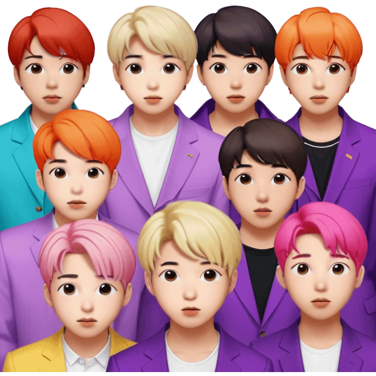 Cinematic Realistic group portrait of BTS featuring all 7 members in stylish modern attire, with detailed facial expressions and vibrant colors, captured in dynamic, contemporary lighting that emphasizes their global pop icon status emoji