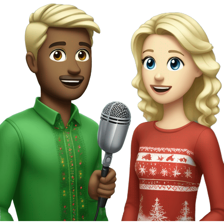 Brown-haired, blue-eyed male wearing  Christmas clothes with blonde-haired, green-eyed female wearing Christmas clothes, whilst talking into a microphone for a podcast emoji