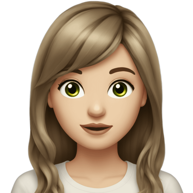 White girl with long voluminous brown hair with brown highlights balayage, green eyes and bangs emoji