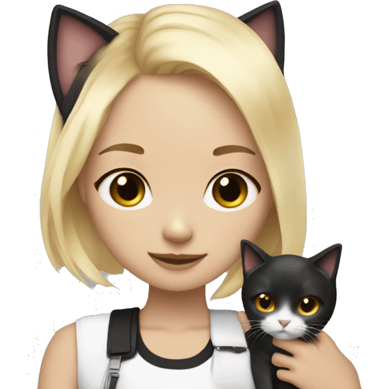 girl blonde hair and short shorts hugs a black and white cat emoji