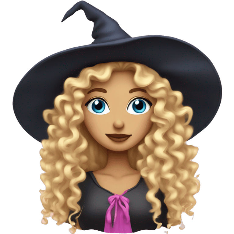 Blonde curly hair Blue eyed woman who is witch hat on and pink hearts  emoji