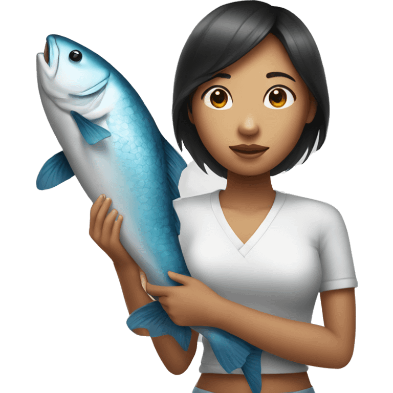 a asia skin girl is holding a big fish emoji