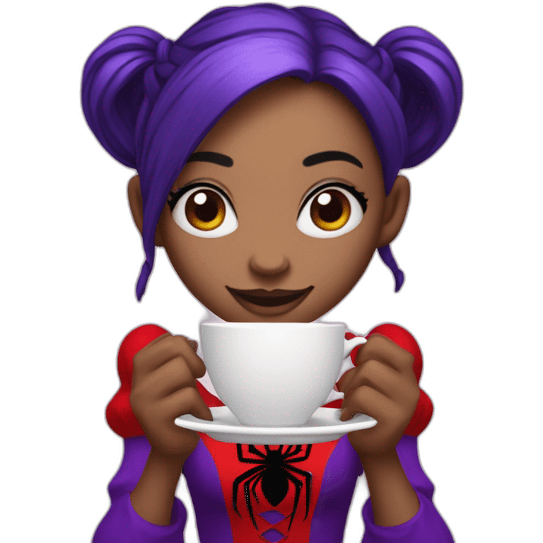 a spider girl with purple skin with pigtails and a red dress and holding teacups in all of her four arms emoji