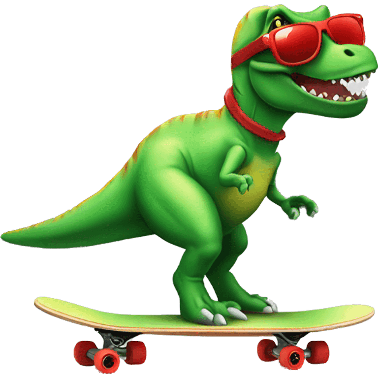 Green T-rex on a skateboard with red sunglasses emoji