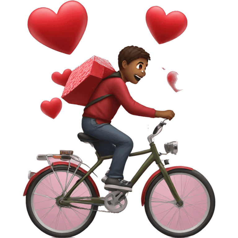 Boy on bicycle runs over a valentine heart emoji