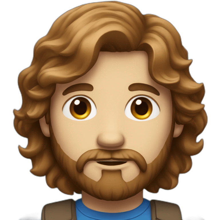 man with brown long hair, a beard and blue eyes holding an iphone emoji