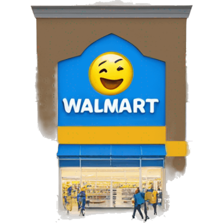 “Exterior of a Walmart store with the sunburst logo above the entrance, blue facade with yellow accents, large sliding glass doors, and shopping carts lined up outside, capturing the look of a busy retail supercenter.” emoji