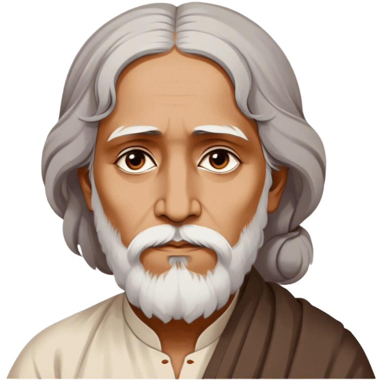 Rabindranath Tagore – Cinematic Realistic Portrait of Rabindranath Tagore, depicted with thoughtful, soulful eyes and gentle features, dressed in traditional Bengali attire with subtle artistic motifs, bathed in warm, soft lighting that evokes his poetic genius and timeless wisdom. emoji