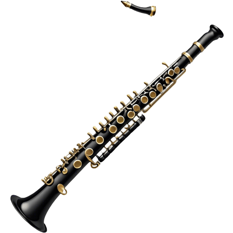 Create an elegant and detailed emoji representing a clarinet. The design should feature the sleek, black wood finish of the clarinet with its shiny metal keys clearly visible. Highlight the intricate details, such as the bell at the end and the carefully crafted mouthpiece with the reed. Use black wood tones for the body of the instrument and silver or brass accents for the keys. Add subtle musical notes or soundwaves floating around the instrument to evoke the smooth, melodic sound of the clarinet. The background should be transparent. emoji