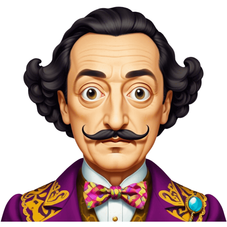 Cinematic Realistic portrait of Salvador Dalí, depicted as a surrealist artist with eccentric, expressive features and his iconic mustache, rendered with vibrant, imaginative lighting and richly detailed period attire that capture his avant-garde essence. emoji