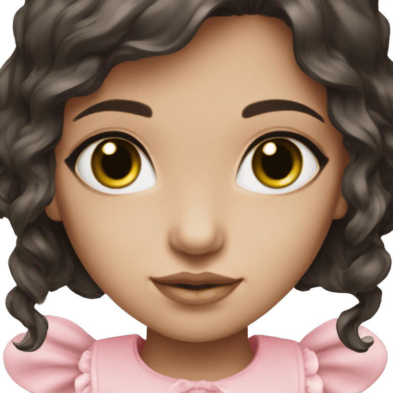 Dark green doll eyes, dark brown hair, feminine, pink, girl, angelic emoji