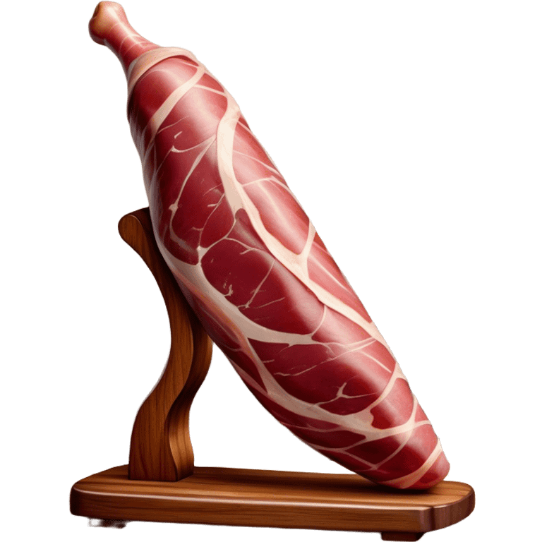 ​Cinematic Realistic Spanish Jamón Leg, depicted as a massive, cured leg of Jamón serrano (ham) with a deep reddish-brown hue, intricately marbled and slightly glossy with age, elegantly displayed on a rustic wooden stand and bathed in warm, soft lighting that accentuates its artisanal heritage, emoji