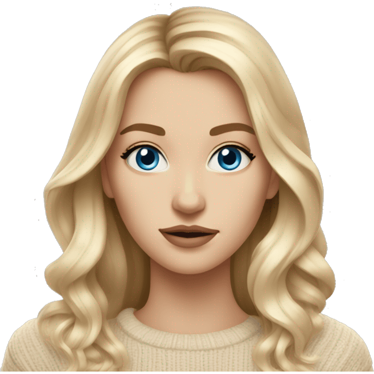 White women, long blonde balayage hair, no smile, blue eyes, beige sweater emoji