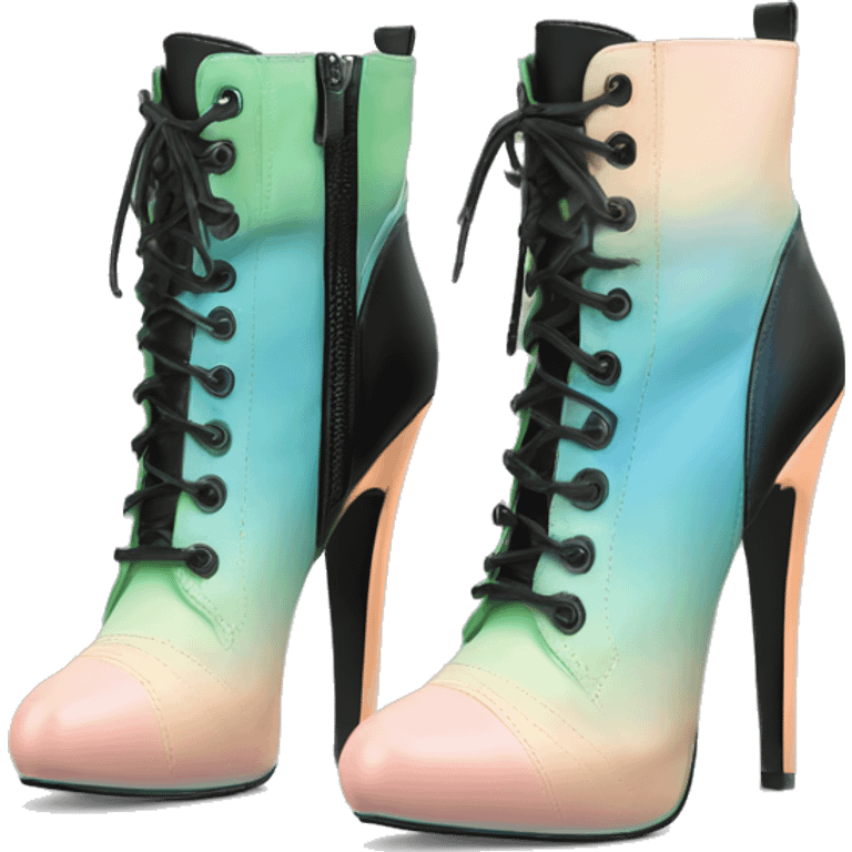 Hyper Realistic isolated top front view of a pair of black,peach,pastel green,pastel blue ombre Guess Jeans brand stiletto high heel ankle bootie boots.  emoji