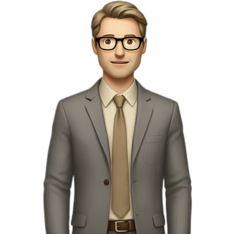 Full height Actively Gesturing Pale skinned fit man with dark brown hair in gray jacket, beige office shirt, brown tie, brown pants and vintage glasses. emoji