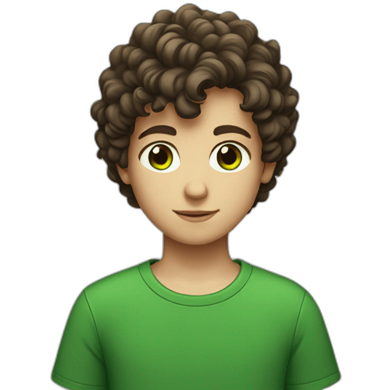 Young boy with short brown curly hair and black tee shirt and green eyes emoji