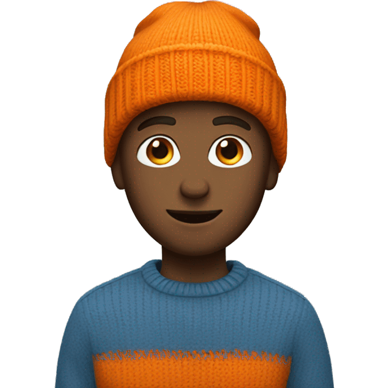 a young white man with a blue sweater and an orange beanie emoji