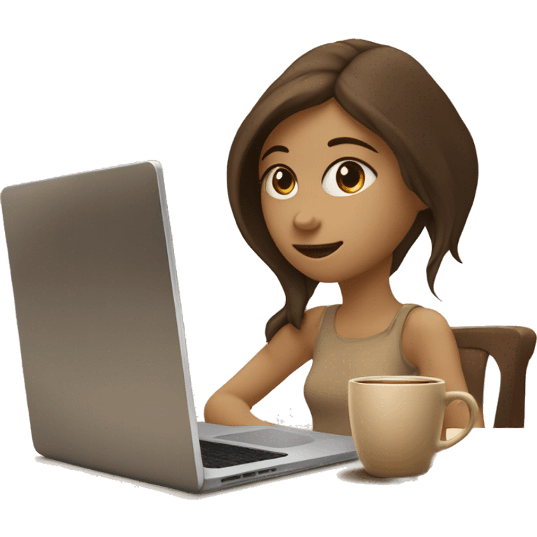 Half face of a girl at the laptop. A a cup of coffee on the left side of the table. Books on the right side. in beige tones emoji