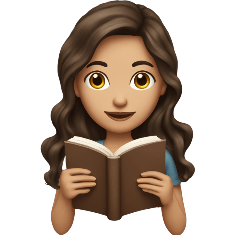 brunette long wavy hair woman love while holding and reading book emoji