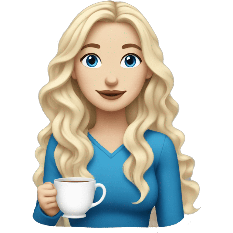 white girl blonde with long wavy hair and blue eyes with cup of tea emoji