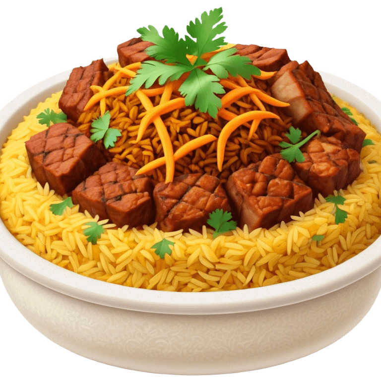 Cinematic Realistic Biryani Dish Emoji, depicted as aromatic basmati rice layered with spiced meat and herbs rendered with vibrant textures and warm, inviting lighting. emoji