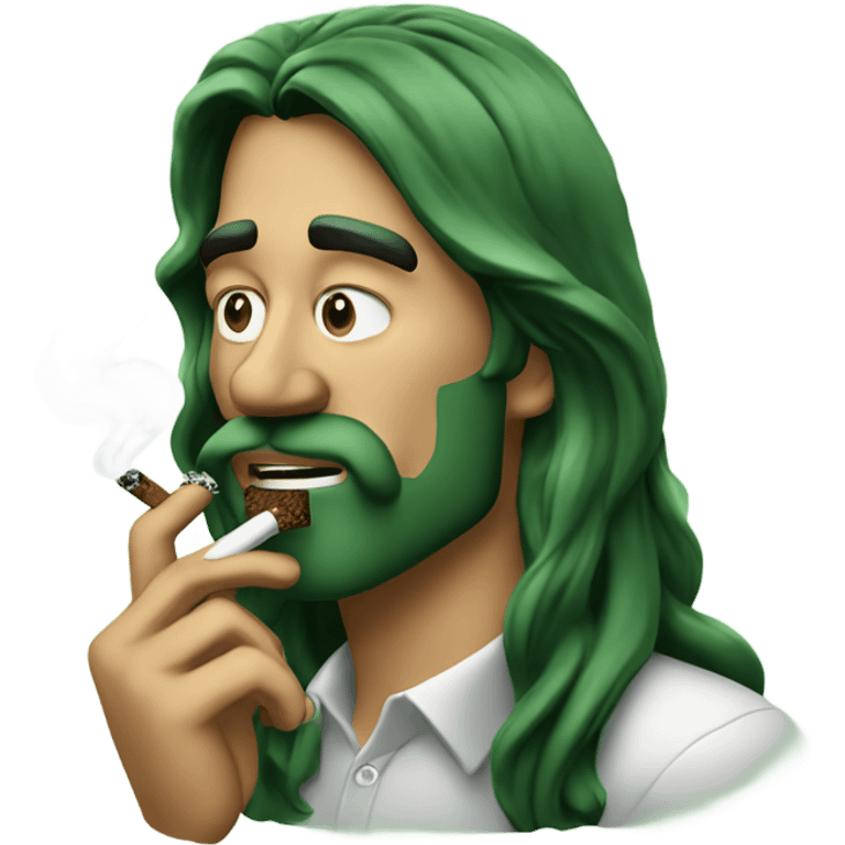 long haired man smoking a backwoods filled with dyed green tobacco with the backwoods in his mouth emoji