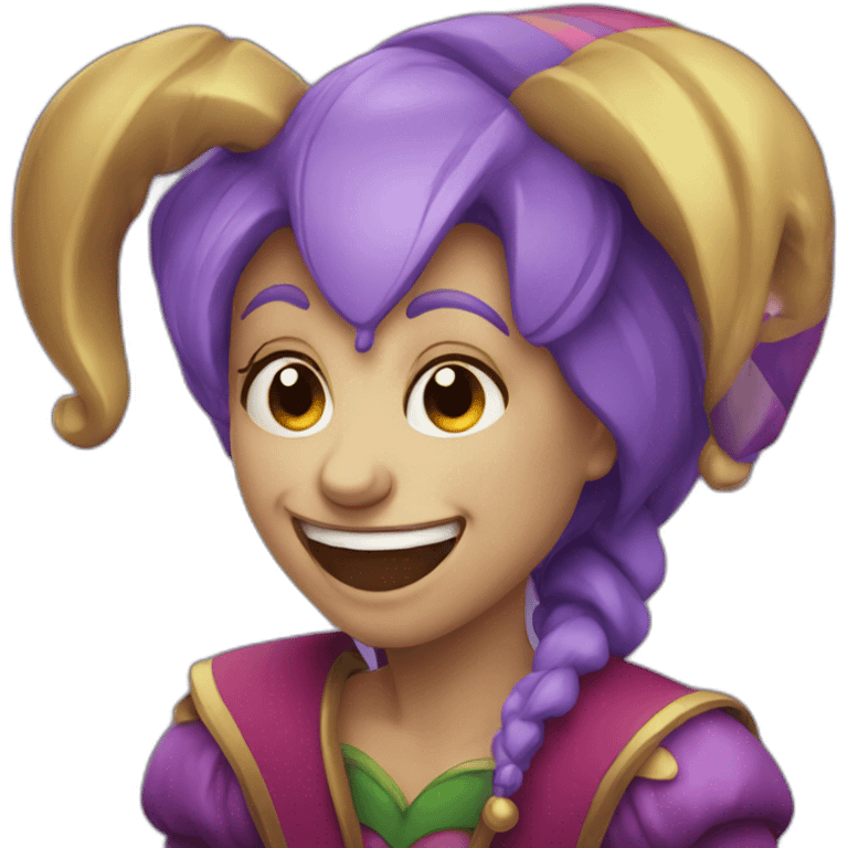 female jester crying but smiling emoji