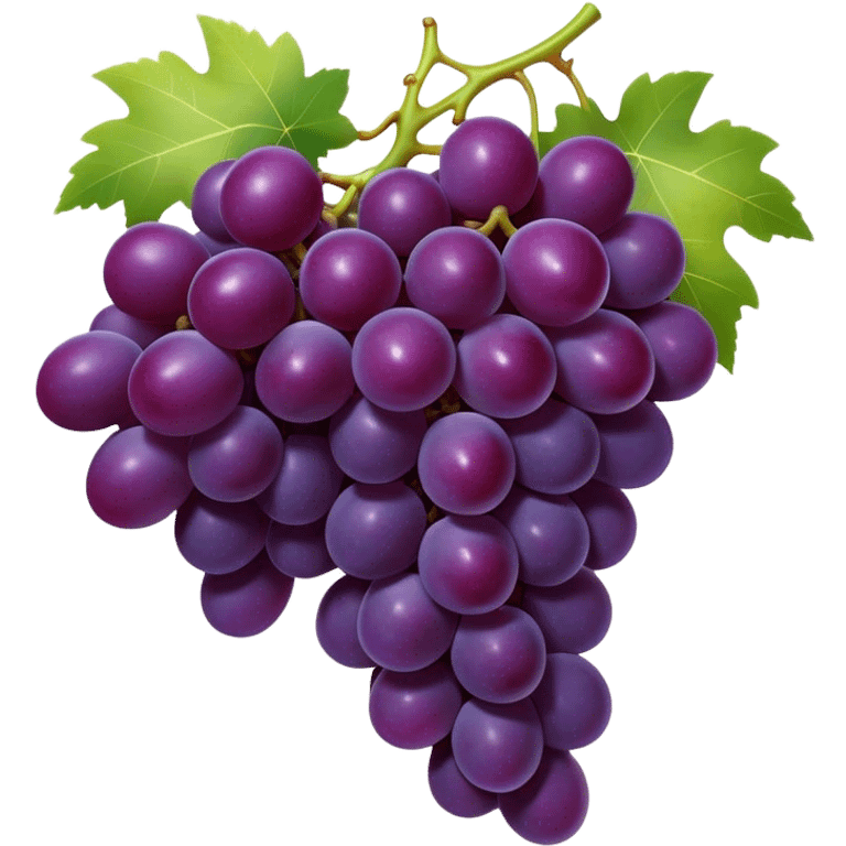 Cinematic Realistic Grapes Emoji, Clustered together in rich purple hues, with smooth, plump skins reflecting light in a glossy, delicate sheen. The stems curve slightly, holding the clusters together like a sweet, natural treasure. Soft glowing outline, capturing the essence of natural sweetness and richness in a bunch of ripe grapes! emoji