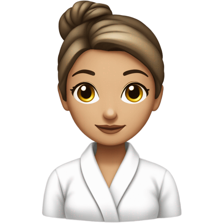 spa girl in a white spa coat and a bun, little tan skin, brunette with highlights, must have cucumbers in her eyes and look very relaxed  emoji