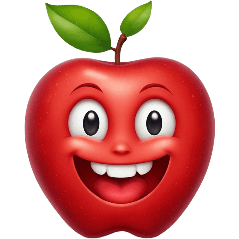 A bitten apple, shaped like the Apple logo, with a big smile and expressive eyes emoji