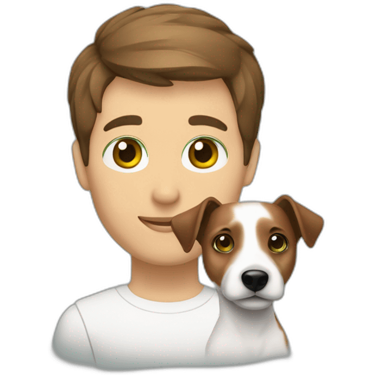 Man with modern hair cut brown hair green eyes with jack russell terrier dog emoji