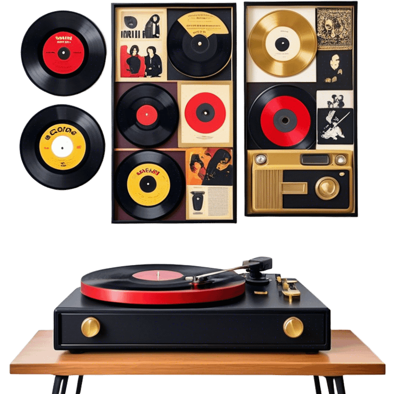 Icon for Vinyl Record Collecting: large black, golden and red vinyl records in decorative packaging featuring artist images, neatly arranged on a wall or shelf, modern vinyl record player. The icon should reflect the aesthetic and artistic aspect of collecting vinyl records. Transparent background. emoji