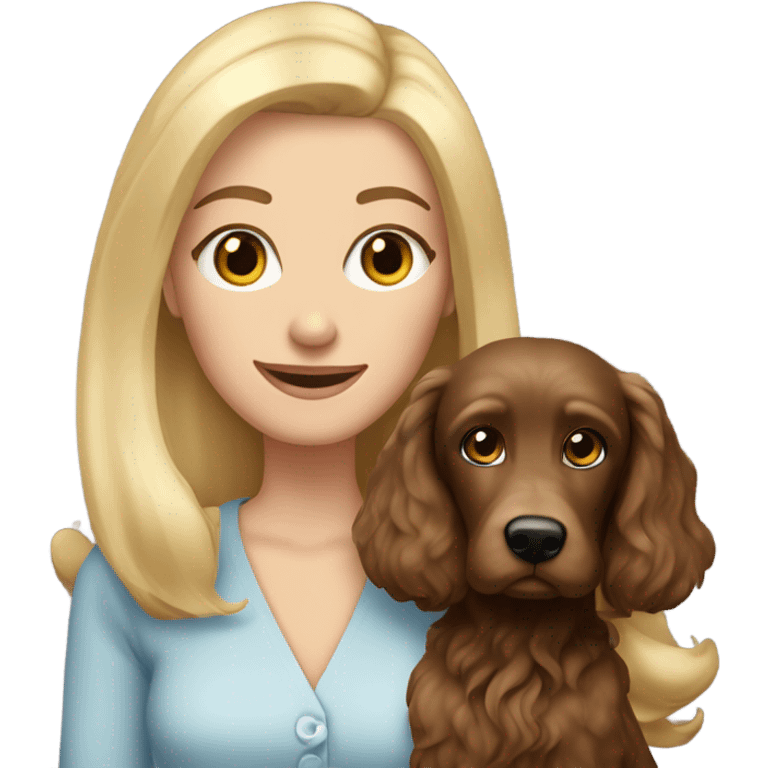 Old blue eyed blonde lady with long straight hair with dark brown Cockapoo puppy dog emoji