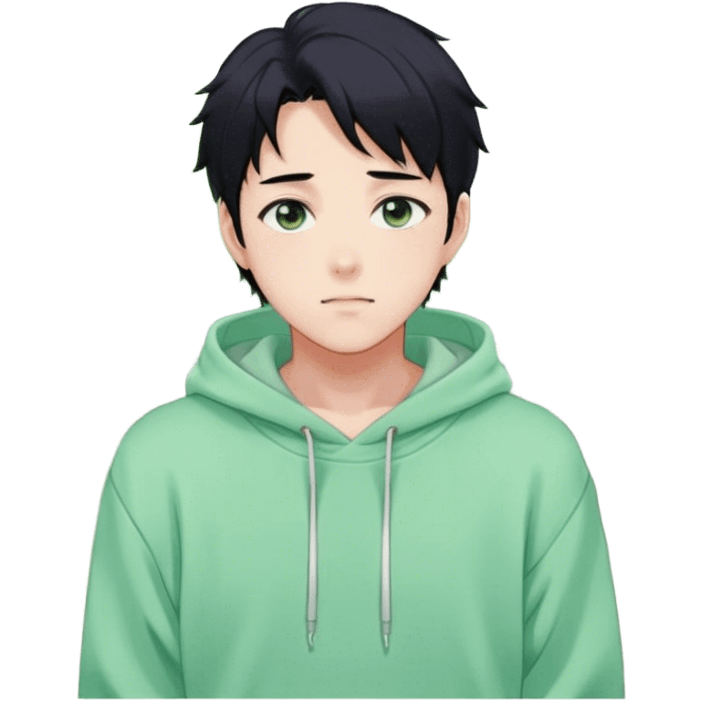 Gorgeous pastel green sweater black hair anime style shojo guy with blushing face and, hoodie, aesthetic, young adult, trending style, outside, vedal987 emoji