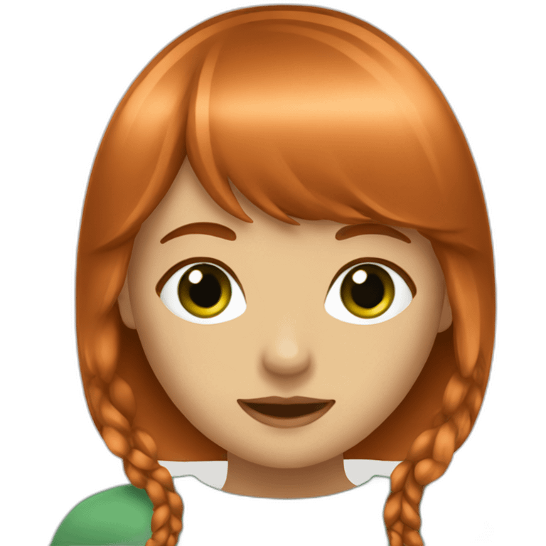 a girl with copper hair and green eyes with bang emoji