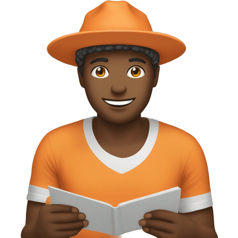 One Person with orange T-shirt and beach hat using a tblet emoji