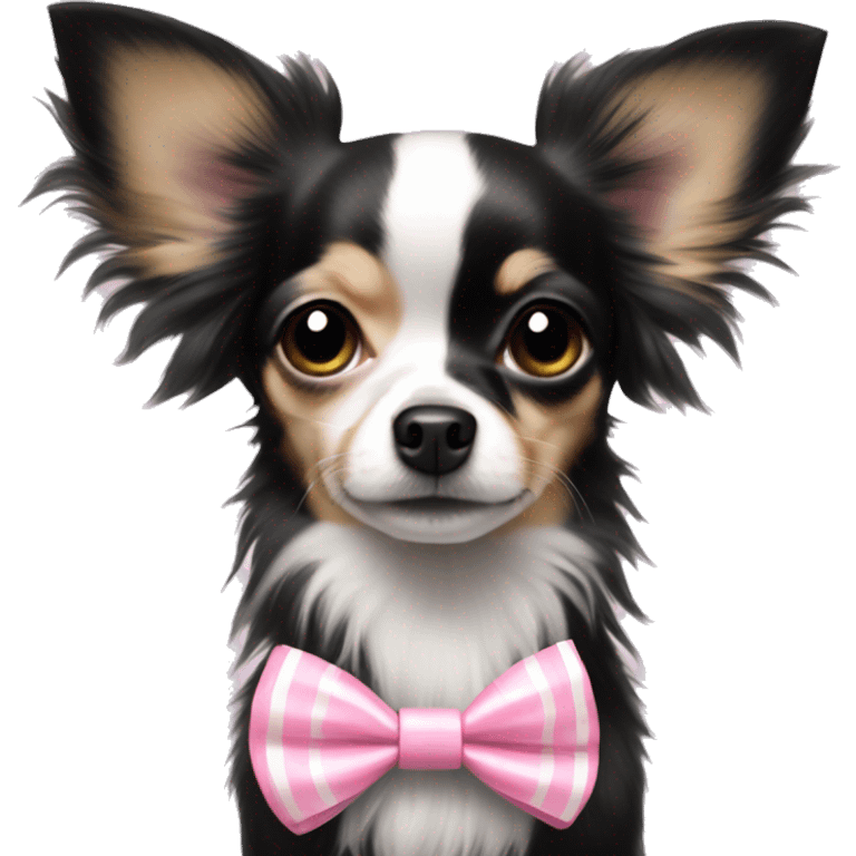 black with white long haired chihuahua with white stripe on forhead a cute pink bow emoji